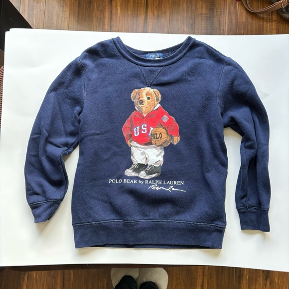 Size 7 kids Ralph Lauren POLO Bear basketball navy blue crew neck sweater - Picture 1 of 11